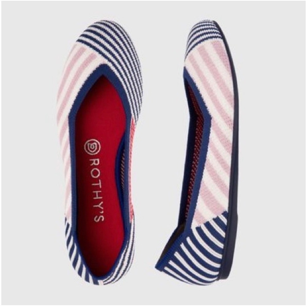 Rothy's The Flat Rare Blue Light Pink Striped Sustainable Slip-On Flats - 7.5